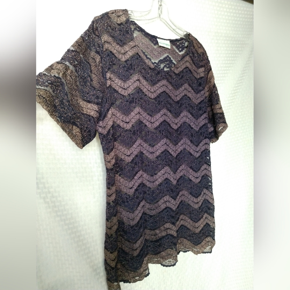 Willow Ridge Sheer Lace Chevron Pattern Top Purple Short Sleeve XL Chest 42"